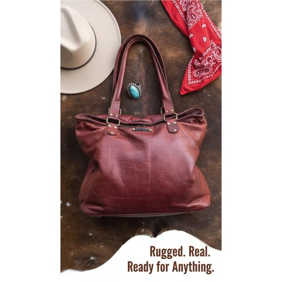 Western Boho Cognac Leather Tote Bag | Distressed Rustic Carryall - Picture 2 of 14